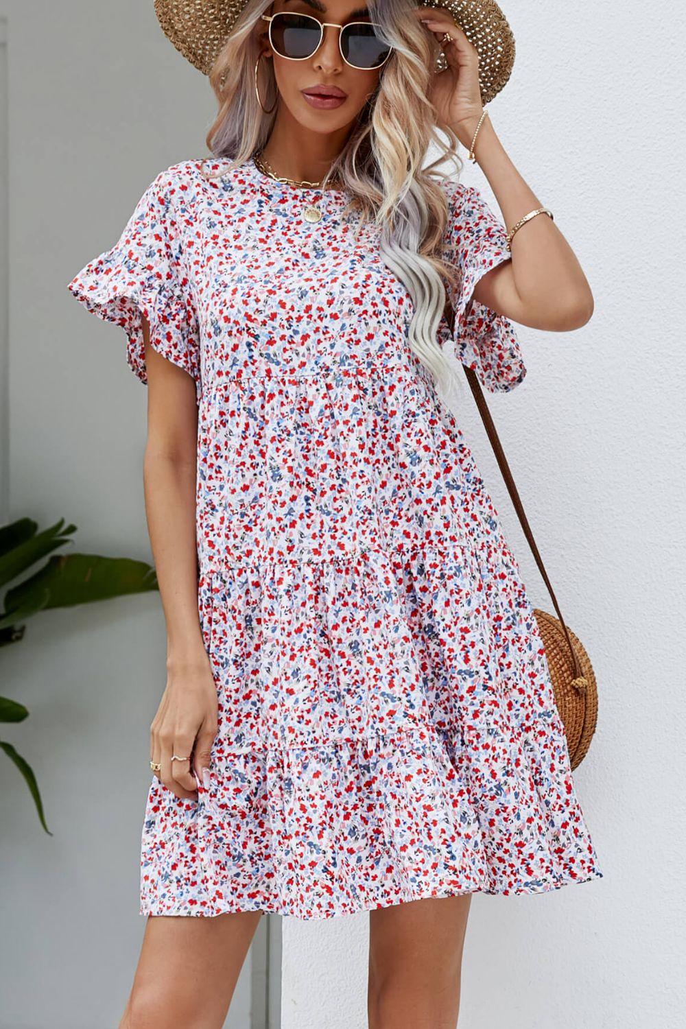 Ditsy Floral Flounce Sleeve Tiered Dress