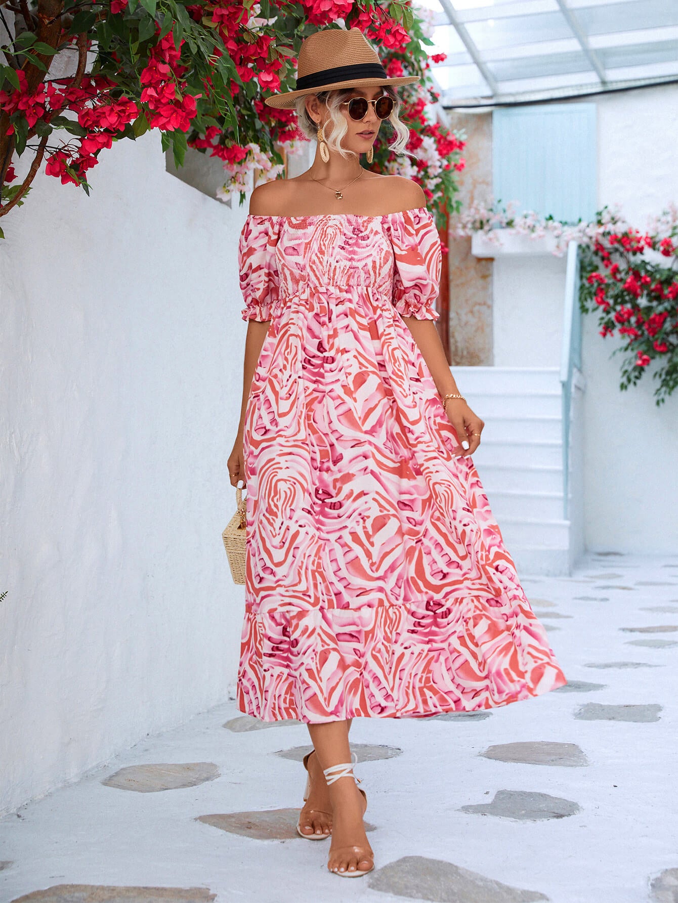 Floral Smocked Flounce Sleeve Midi Dress