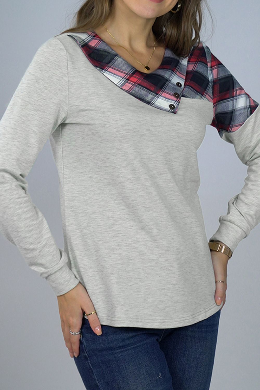 Asymmetrical Plaid Print Long Sleeve Tee