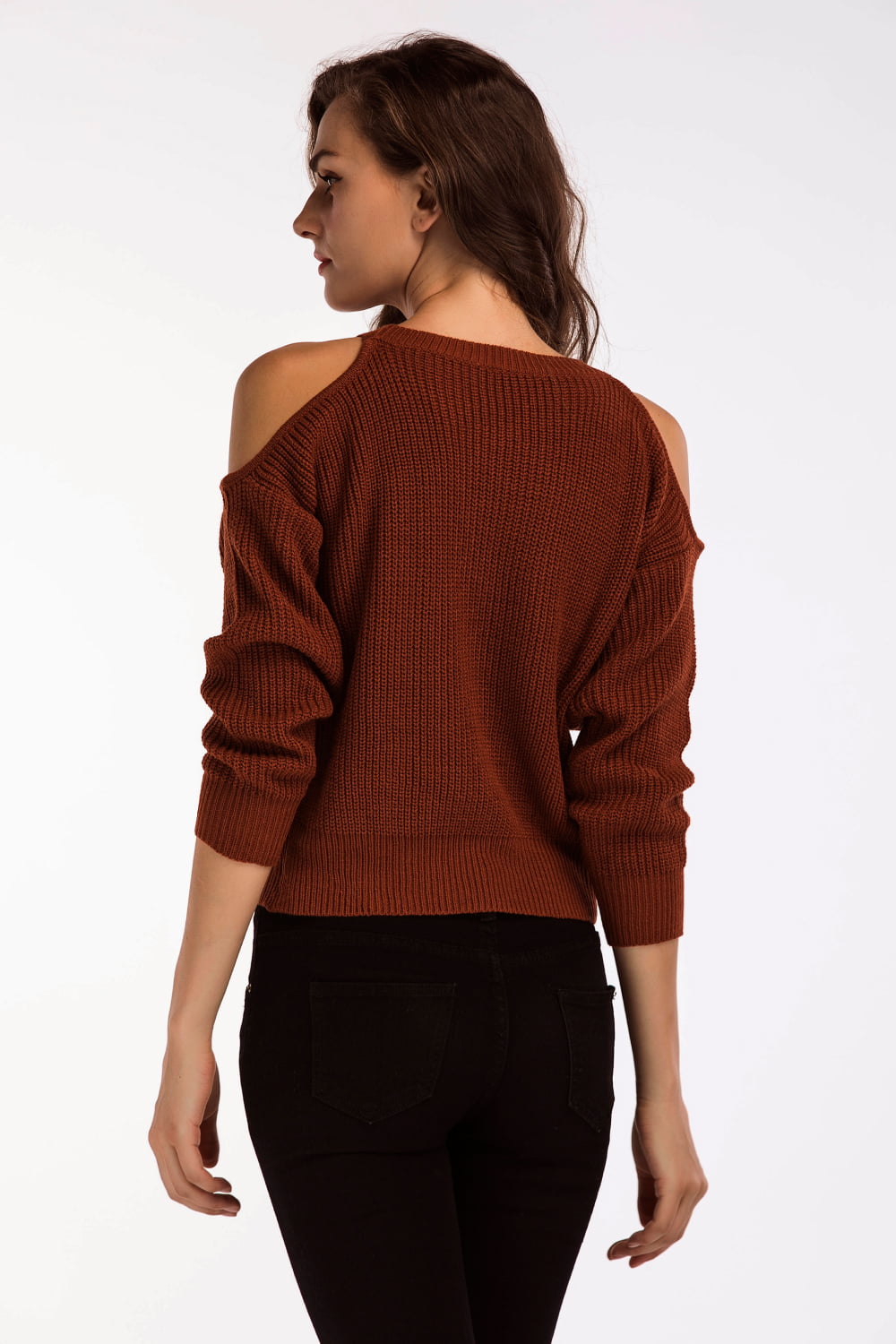 Double Take Round Neck Cold-Shoulder Ribbed Sweater