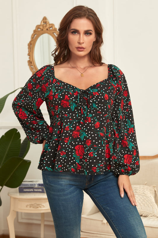 Plus Size Floral Balloon Sleeve Blouse