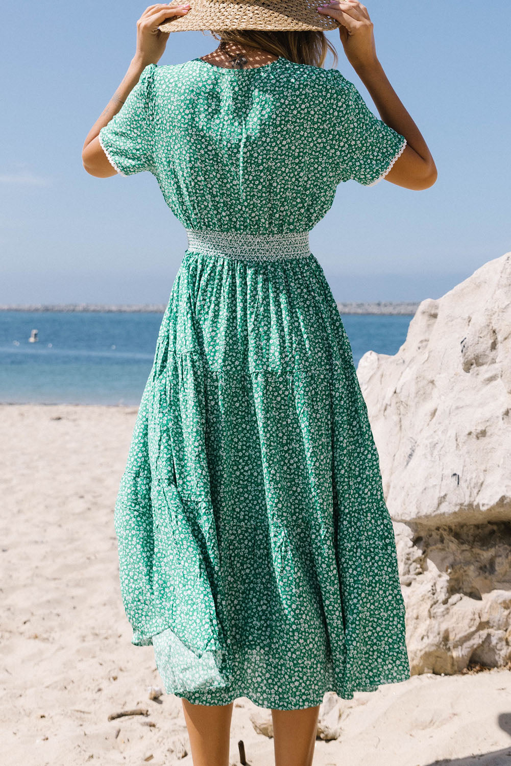 Printed V-Neck Short Sleeve Dress