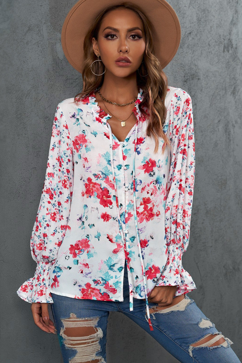 Floral Frill Trim Tie Neck Flounce Sleeve Blouse