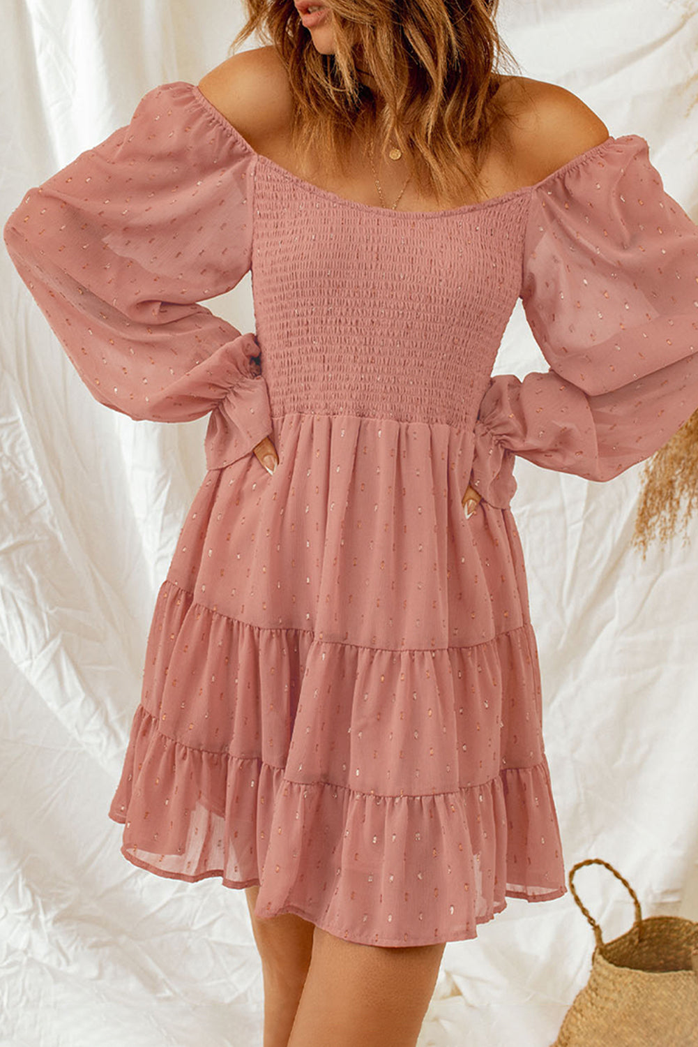 Smocked Long Flounce Sleeve Tiered Dress