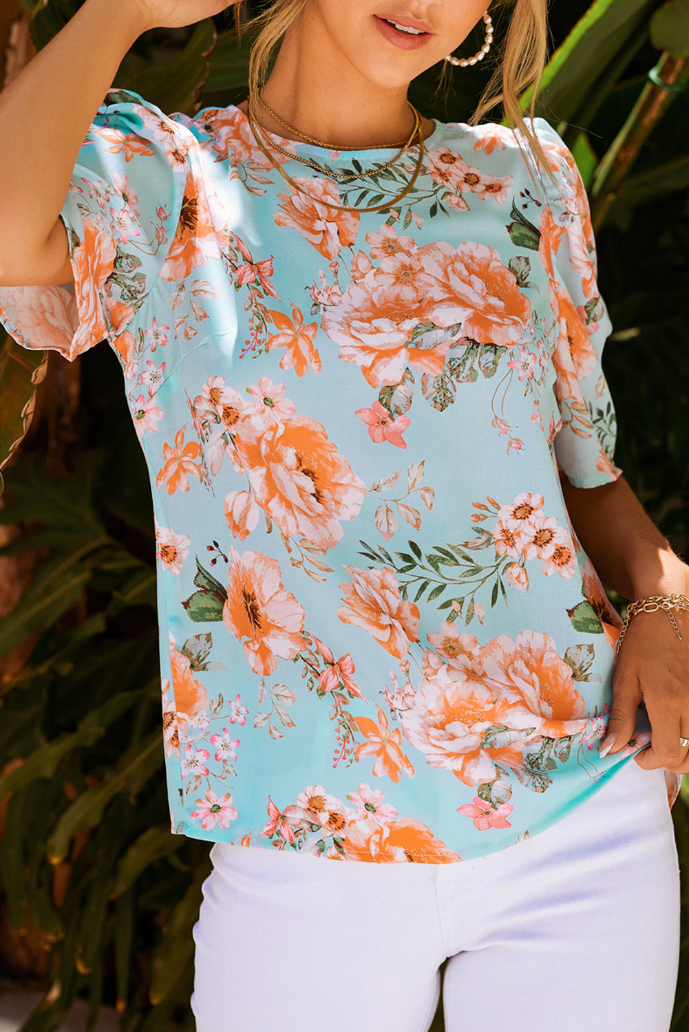 Summer Lover Floral Puff Sleeve Round Neck Blouse