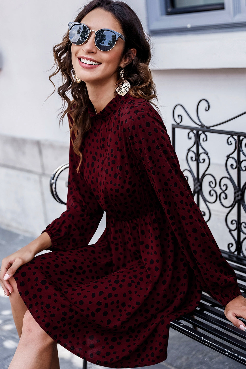 Printed Mock Neck Long Sleeve Midi Dress