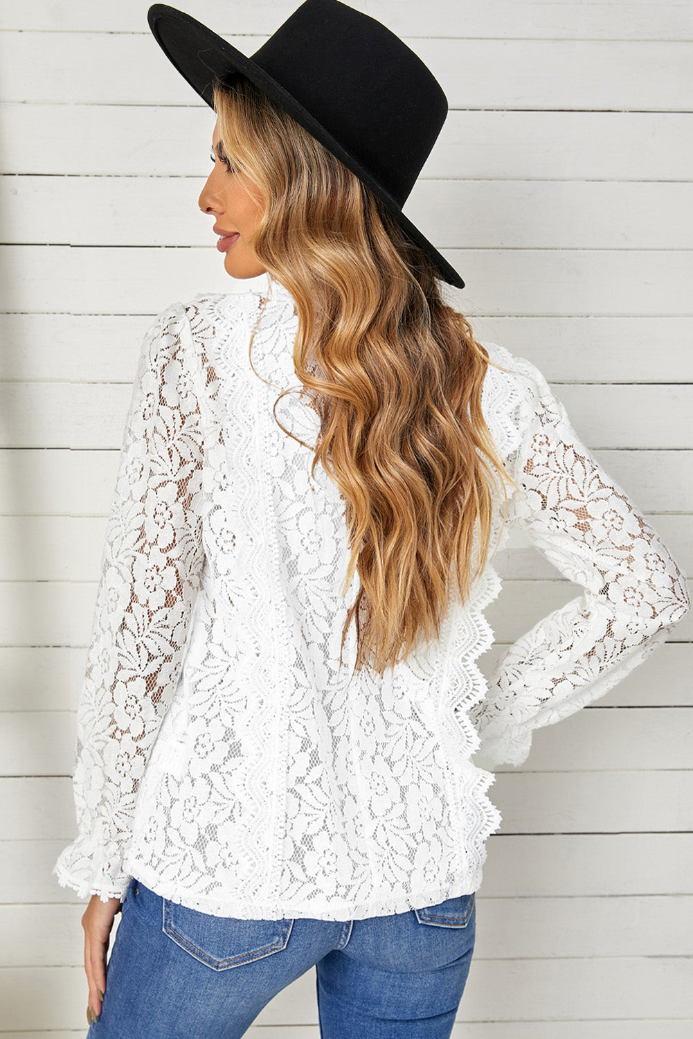 Lace Crochet V-Neck Flounce Sleeve Top