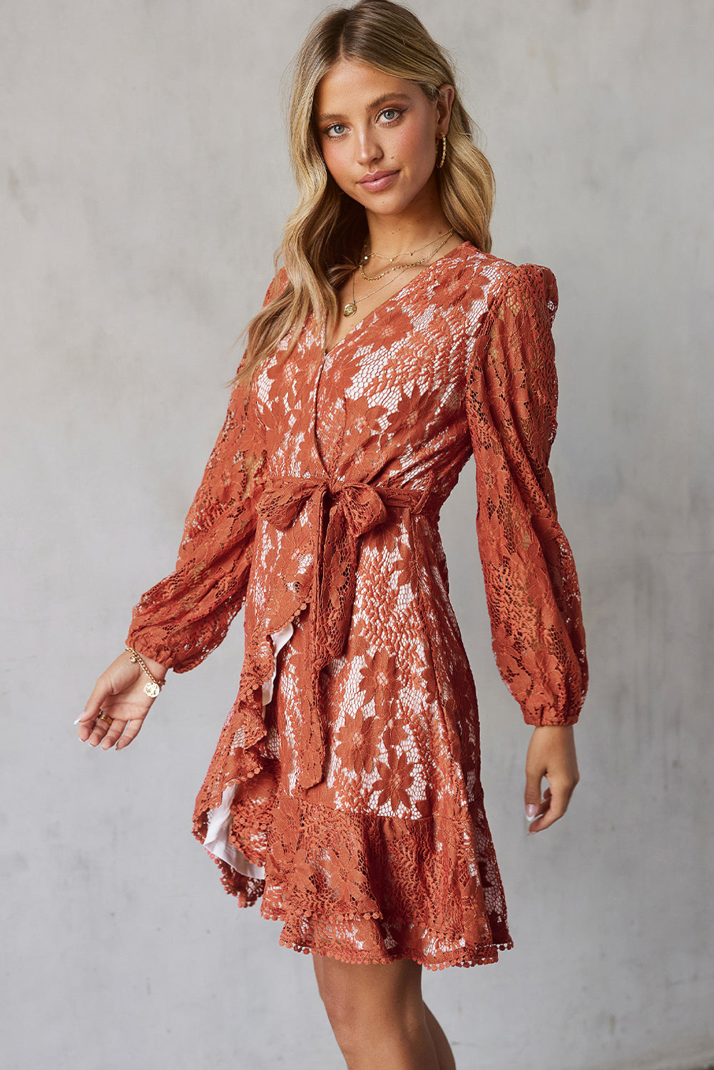 Pompom Trim Puff Sleeve Belted Lace Dress