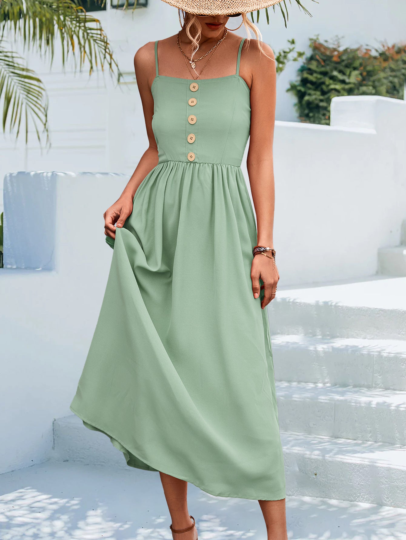 Decorative Button Spaghetti Strap Midi Dress