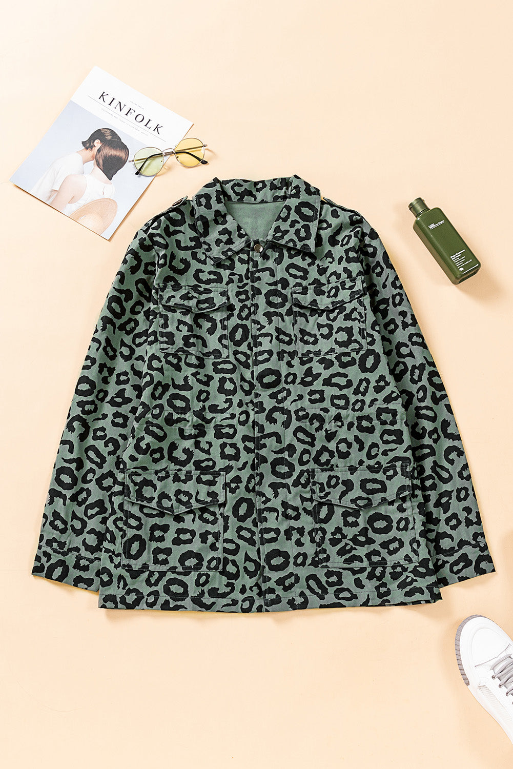 Leopard Drawstring Waist Jacket with Pockets