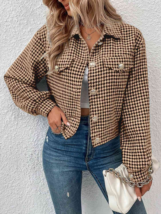 Houndstooth Collared Neck Button Up Jacket