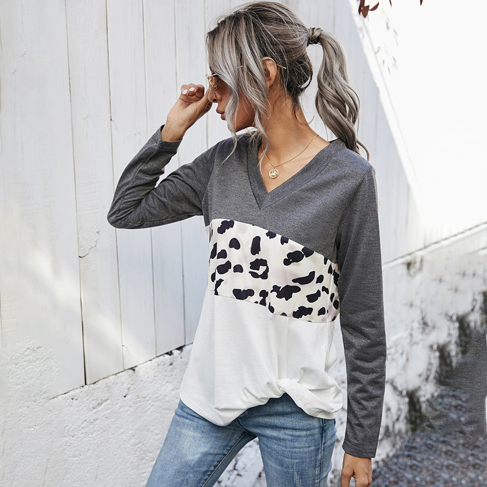 Leopard Color Block V-Neck Twisted Tee