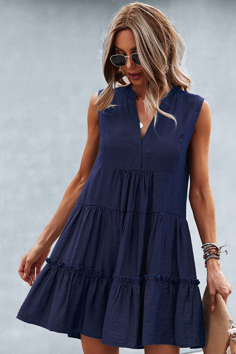 Frill Trim Notched Sleeveless Tiered Dress