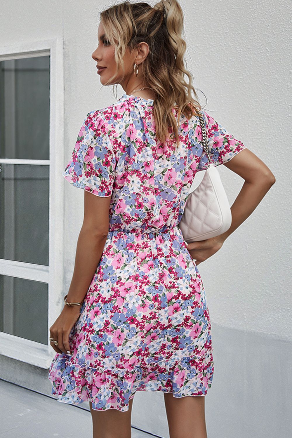 Floral Tie-Neck Flutter Sleeve Mini Dress