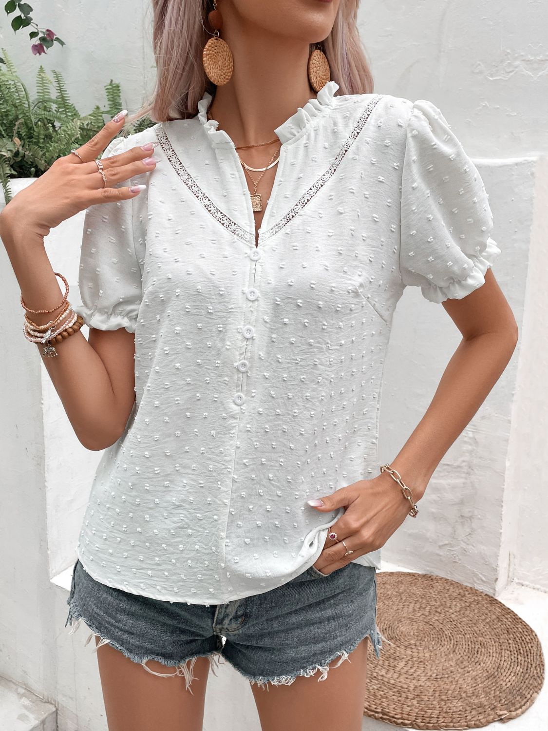 Swiss Dot Buttoned Puff Sleeve Blouse