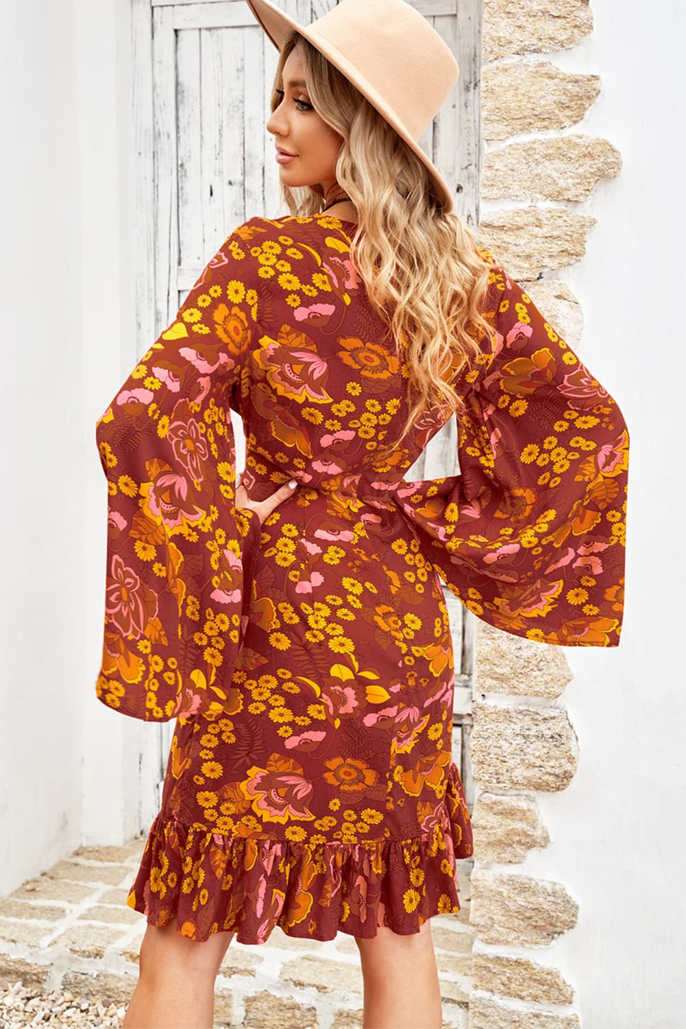 Floral Round Neck Flare Sleeve Dress