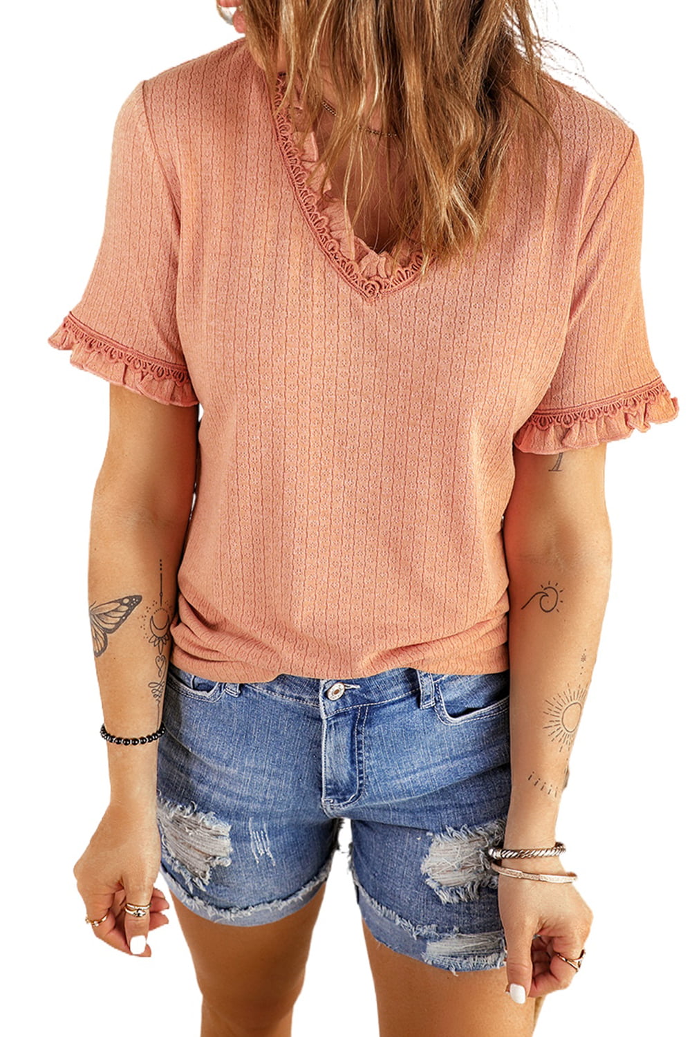 Textured V-Neck Flounce Sleeve Blouse