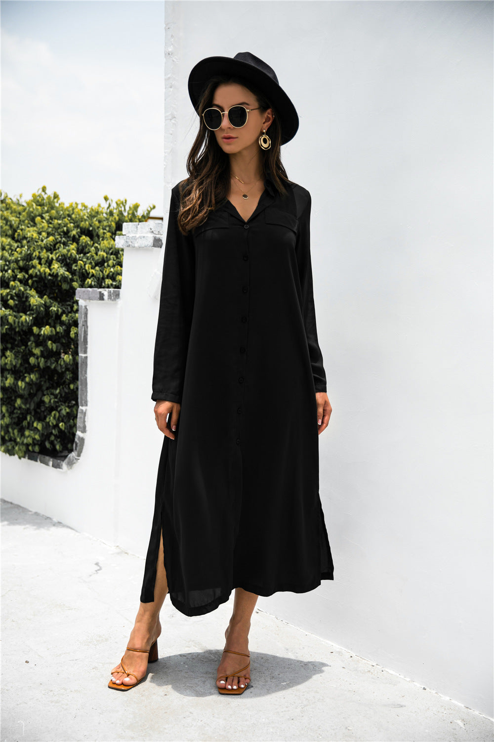 Button Down Side Slit Shirt Dress