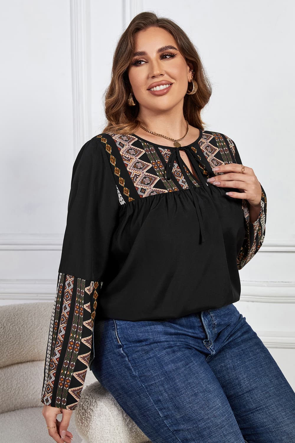 Melo Apparel Plus Size Printed Round Neck Tie Front Blouse