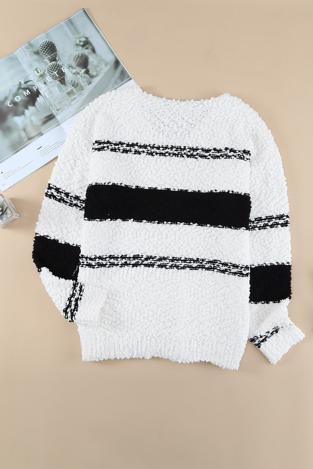 Striped V-Neck Popcorn Knit Sweater