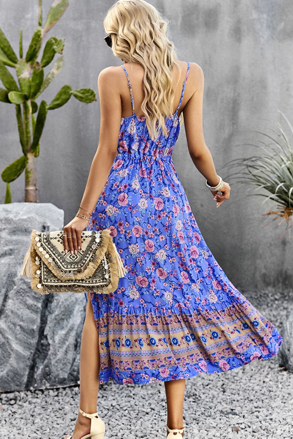 Bohemian Spaghetti Strap Drawstring Slit Dress