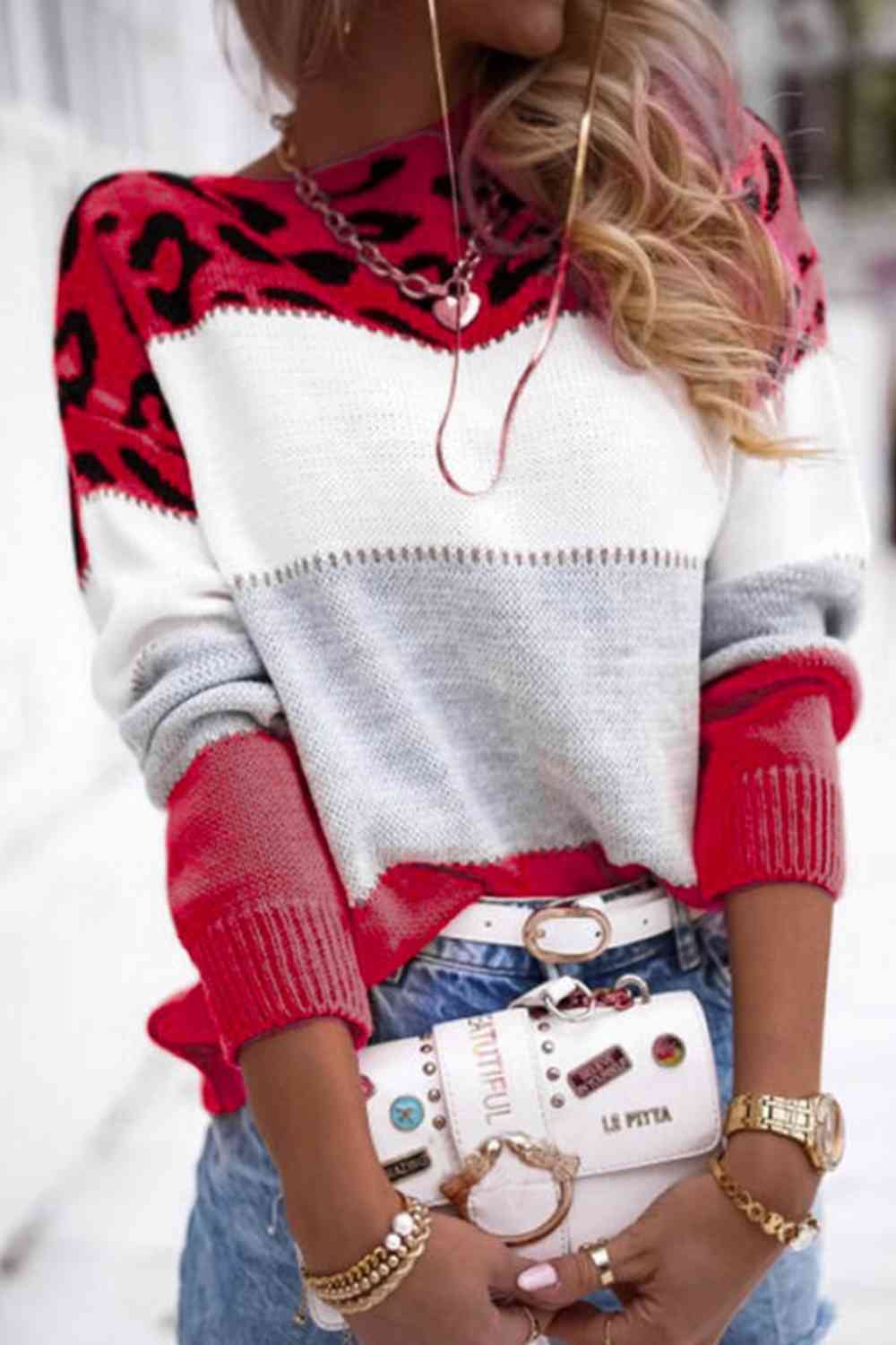 Full Size Round Neck Dropped Shoulder Color Block Sweater