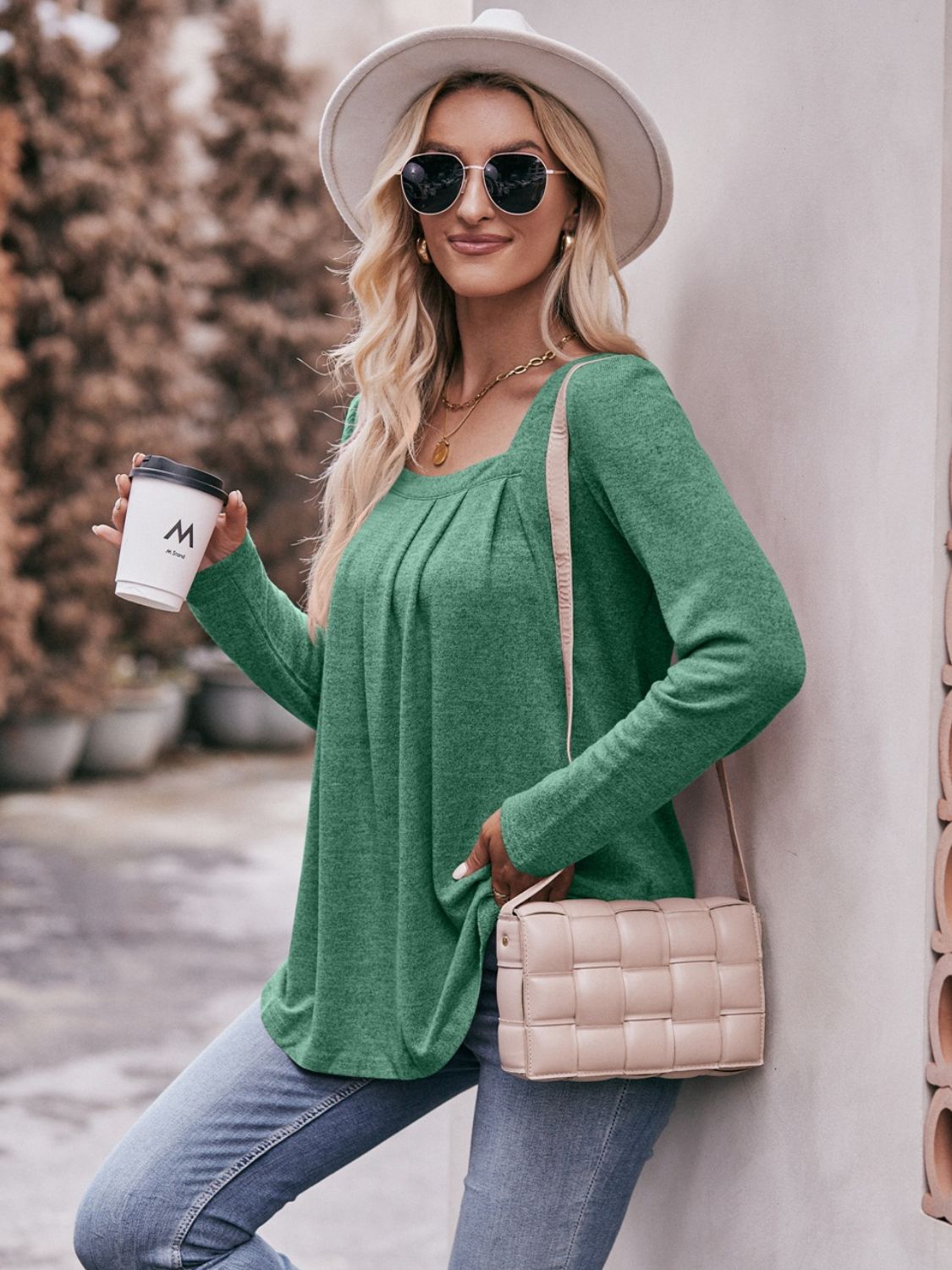 Pleated Detail Curved Hem Long Sleeve Top