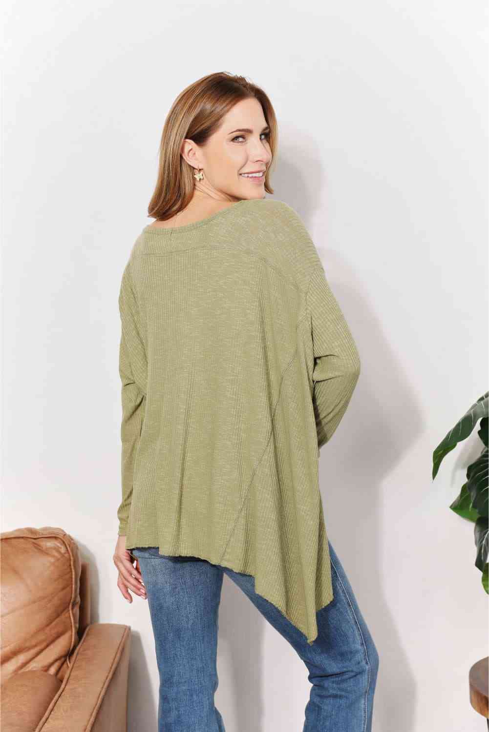 HEYSON Full Size Oversized Super Soft Rib Layering Top with a Sharkbite Hem and Round Neck