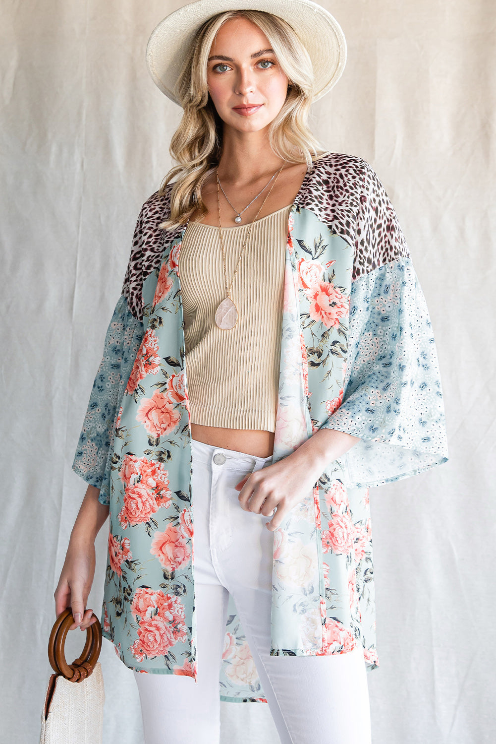 Animal Print Floral Three-Quarter Sleeve Cardigan