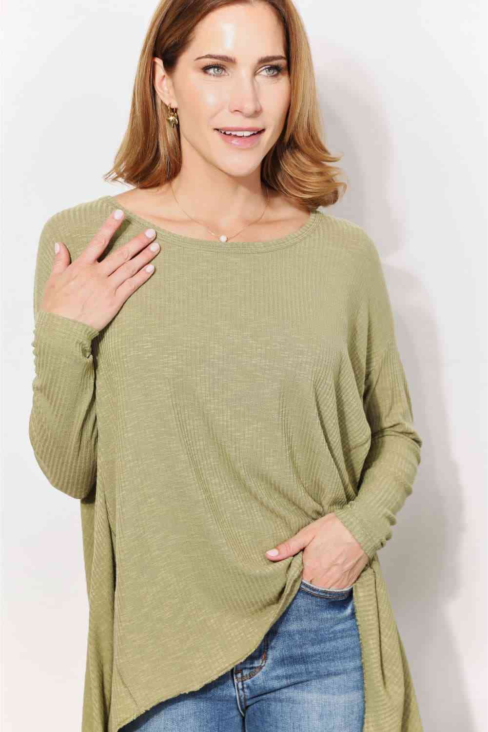 HEYSON Full Size Oversized Super Soft Rib Layering Top with a Sharkbite Hem and Round Neck