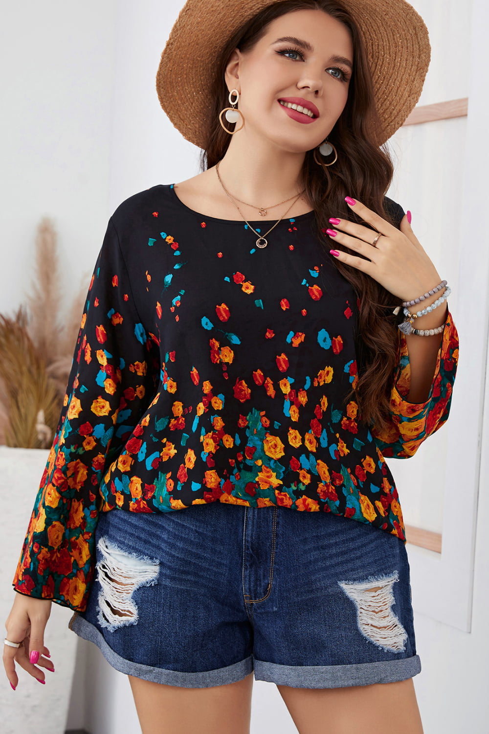 Plus Size Floral Round Neck Long Sleeve Blouse