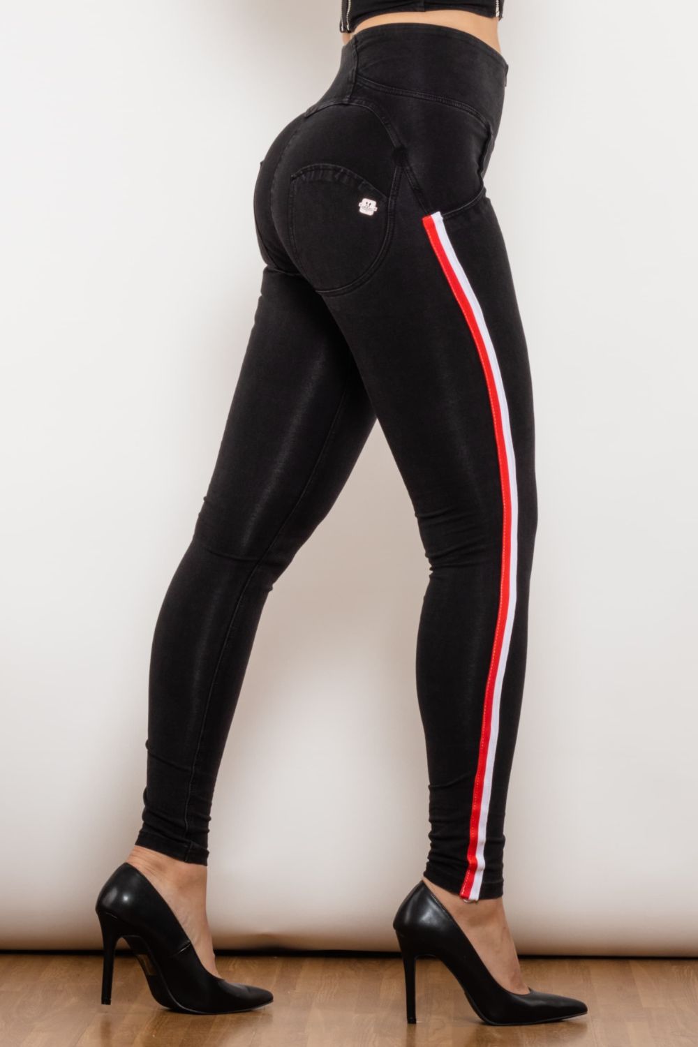 Side Stripe Zip Closure High Waist Jeans