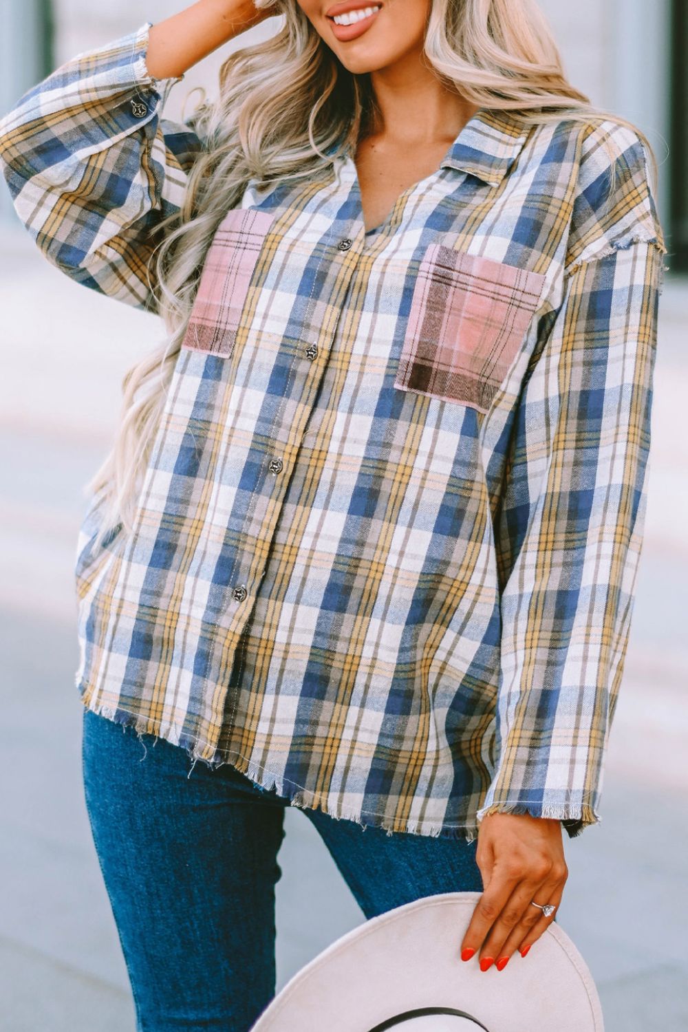 Plaid Raw Hem Dropped Shoulder Johnny Collar Shirt