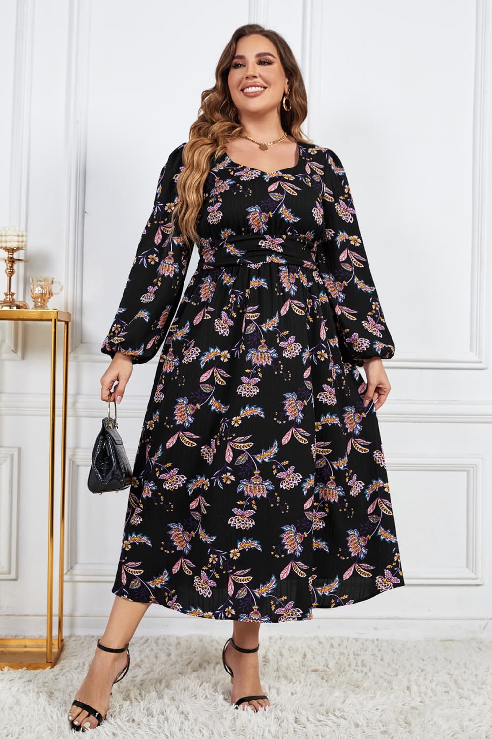 Melo Apparel Plus Size Floral Print Long Sleeve Midi Dress