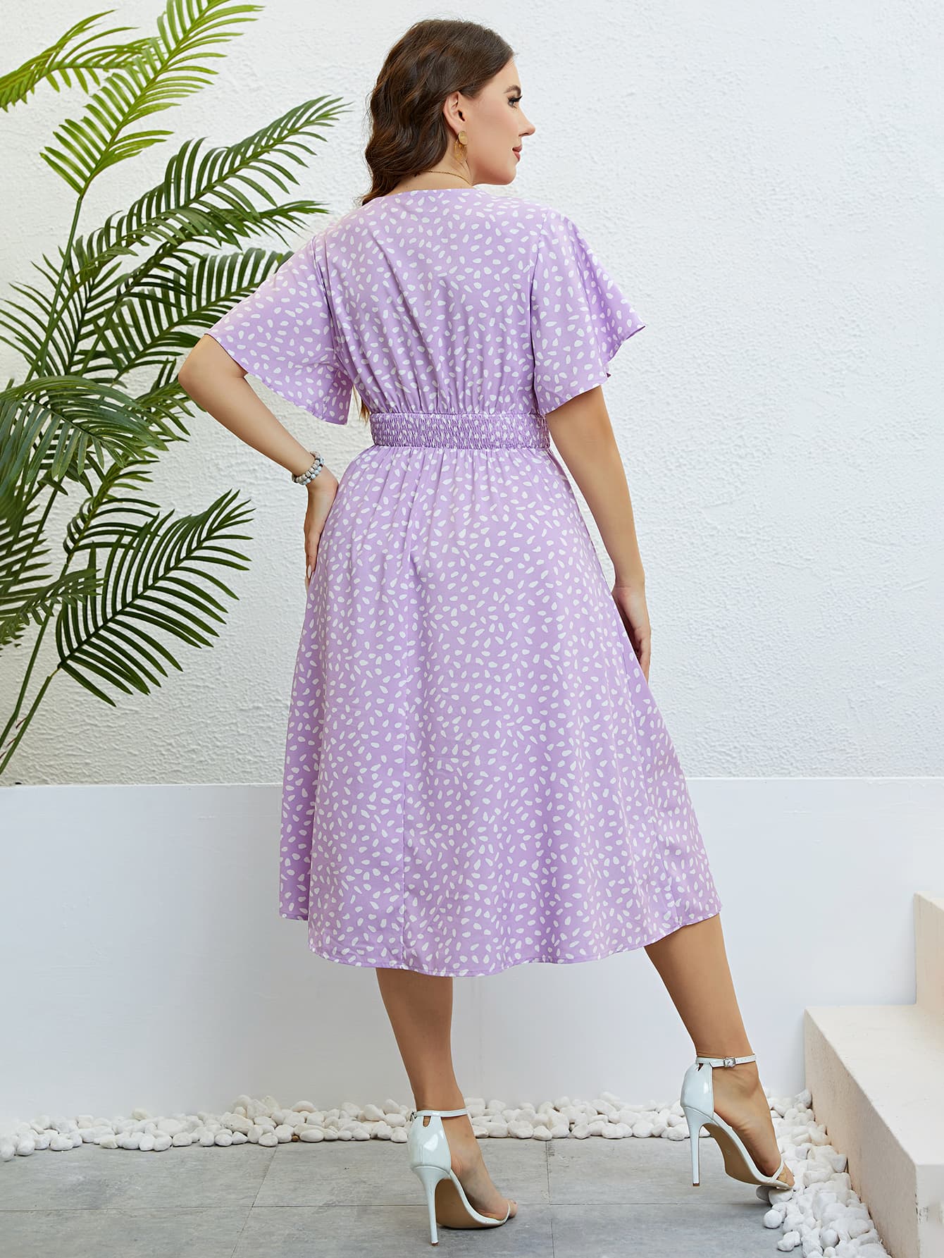 Plus Size Printed Smocked Waist Surplice Dress