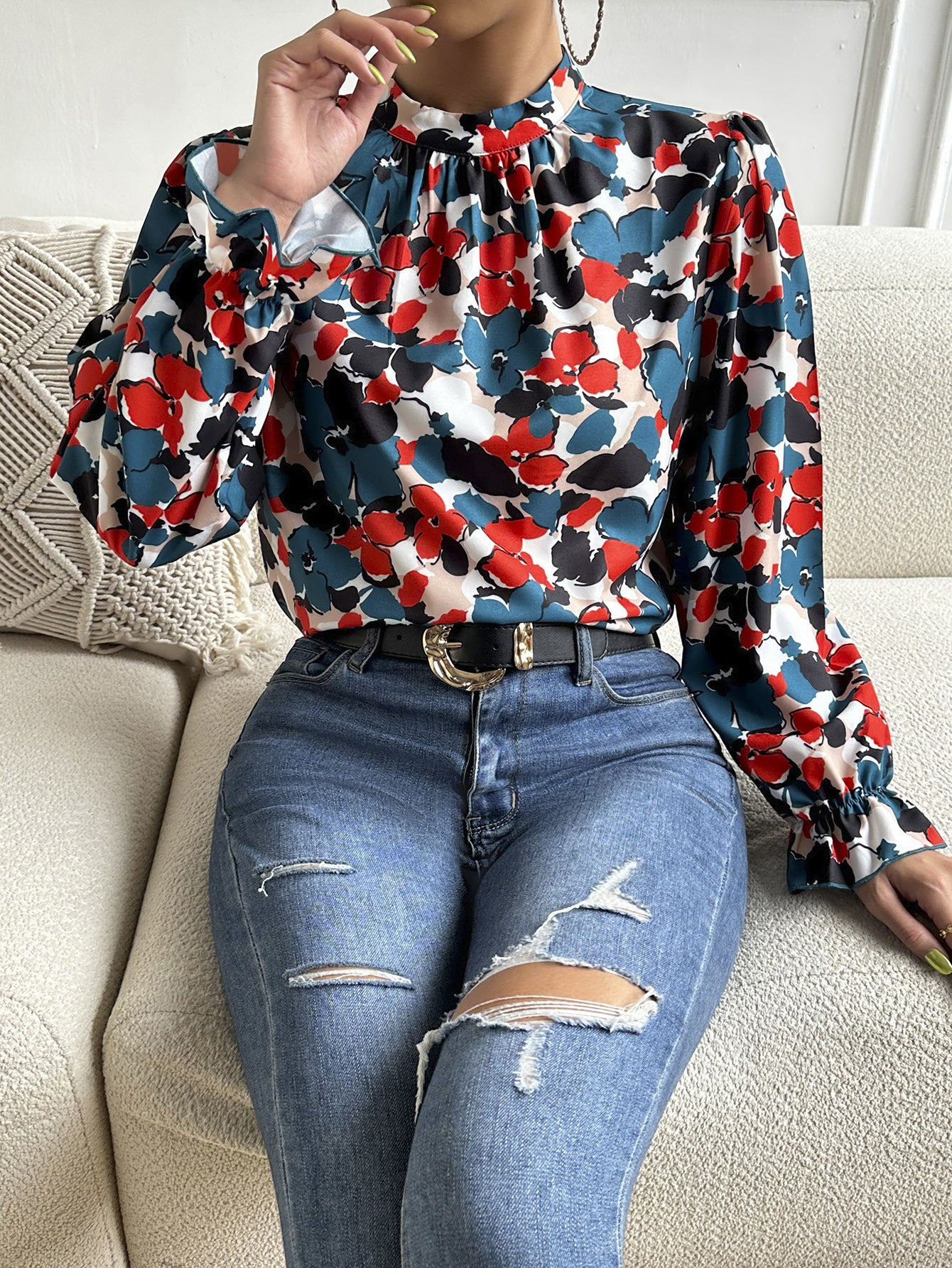 Floral Mock Neck Long Flounce Sleeve Blouse