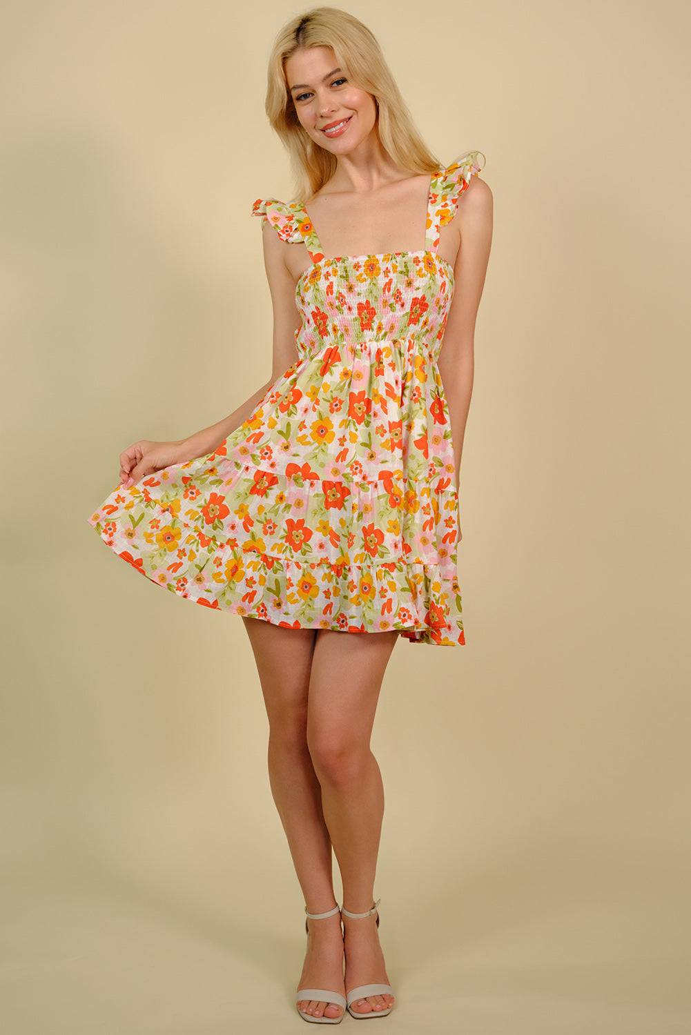 Floral Smocked Square Neck Mini Dress