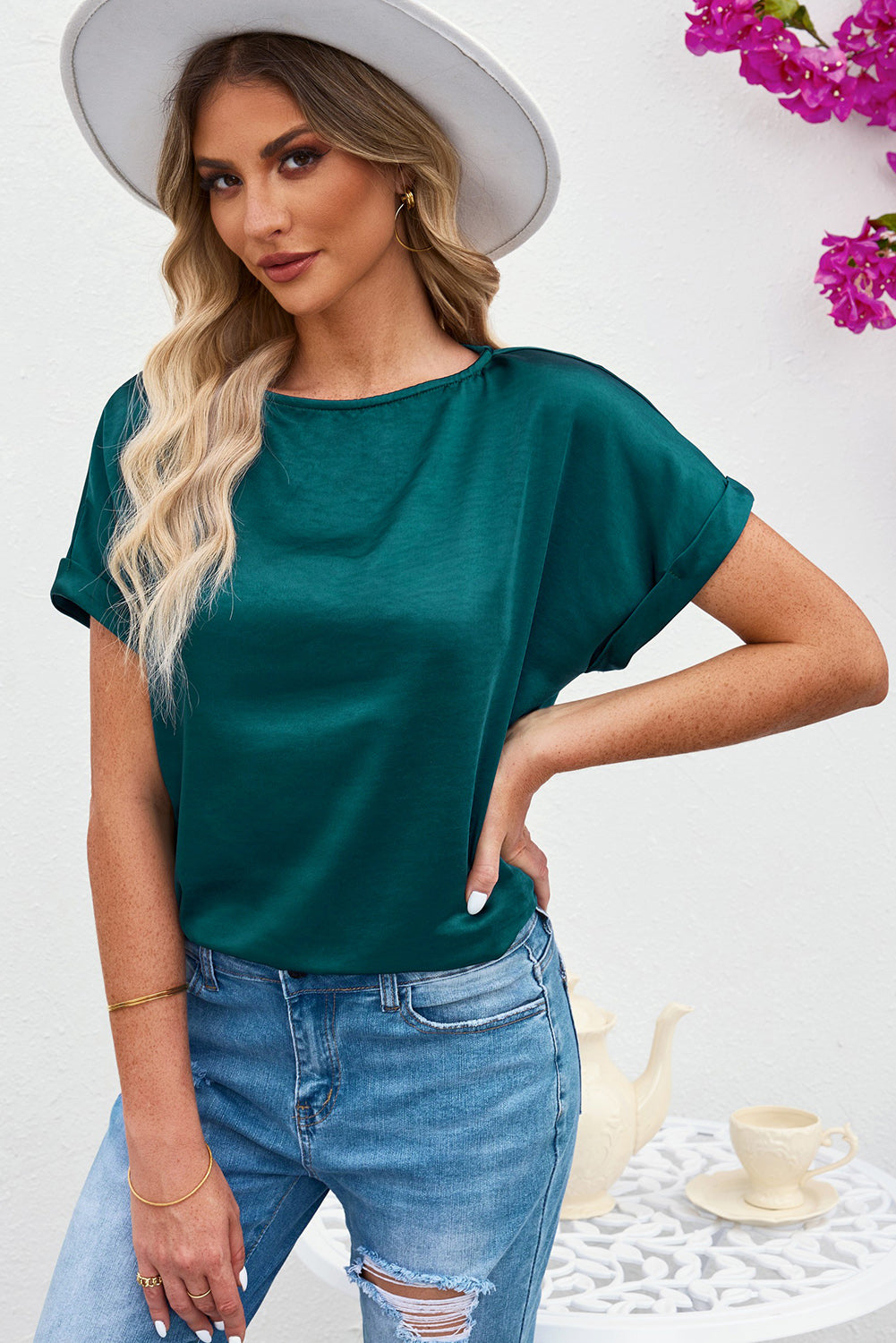 Round Neck Cuffed Sleeve Top