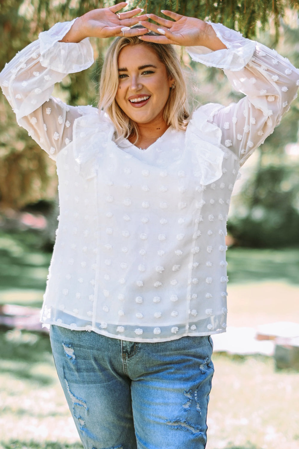 Plus Size Swiss Dot Ruffled Blouse