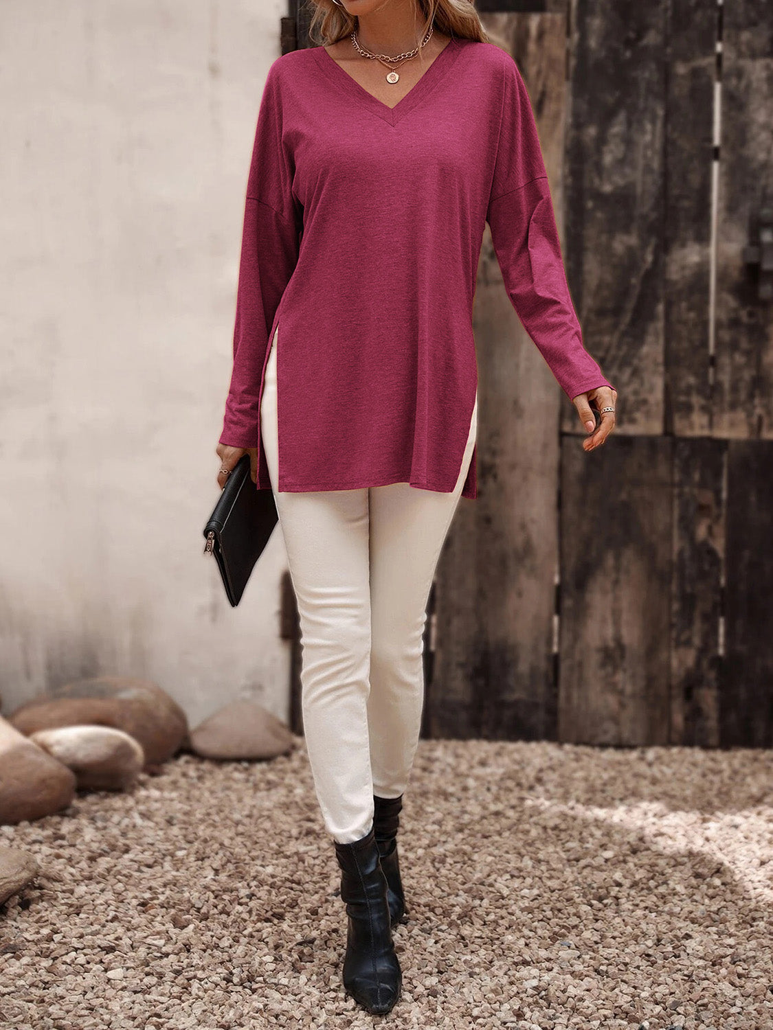 V-Neck Long Sleeve Slit Top