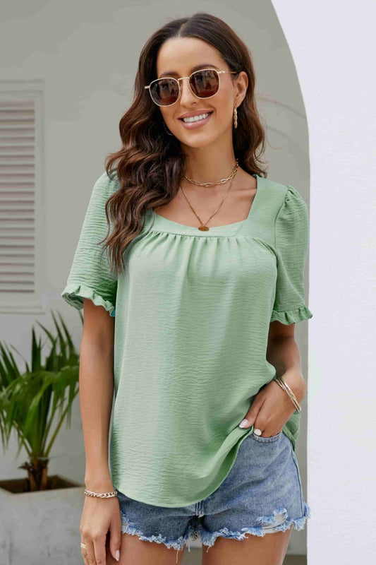 Frill Trim Puff Sleeve Square Neck Blouse