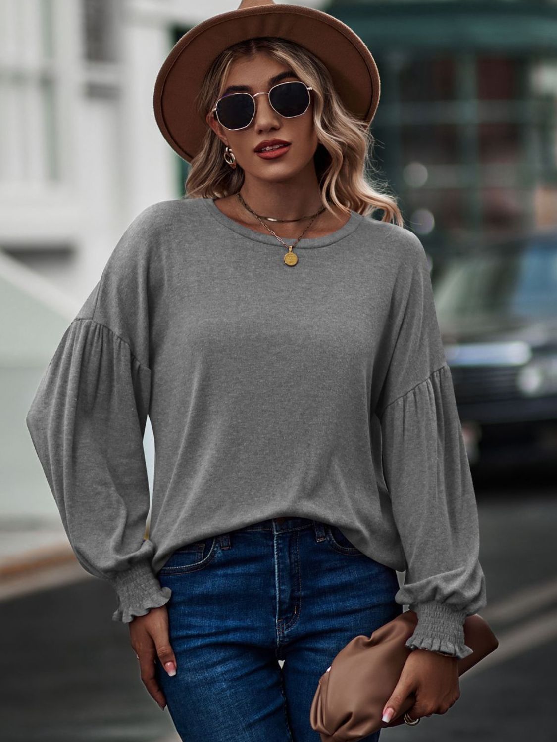 Round Neck Dropped Shoulder Flounce Sleeve T-Shirt