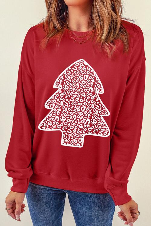 Christmas Tree Graphic Round Neck Sweatshirt