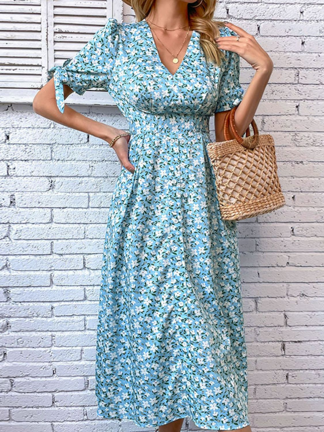 Floral Tied Puff Sleeve V-Neck Dress