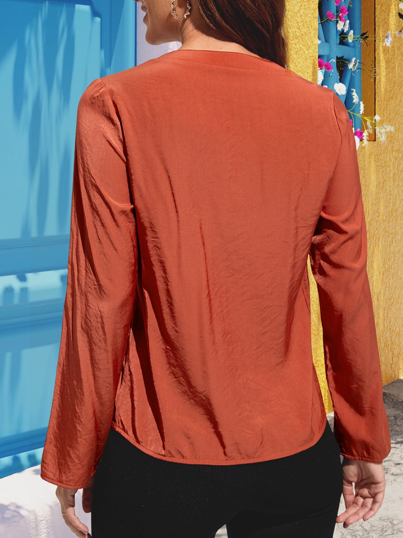 Notched Neck Long Sleeve Top