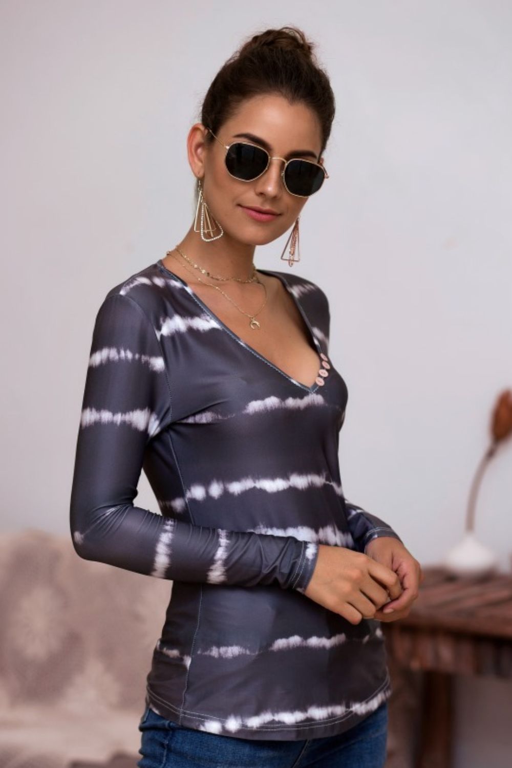 Tie-Dye Plunge Long Sleeve Top