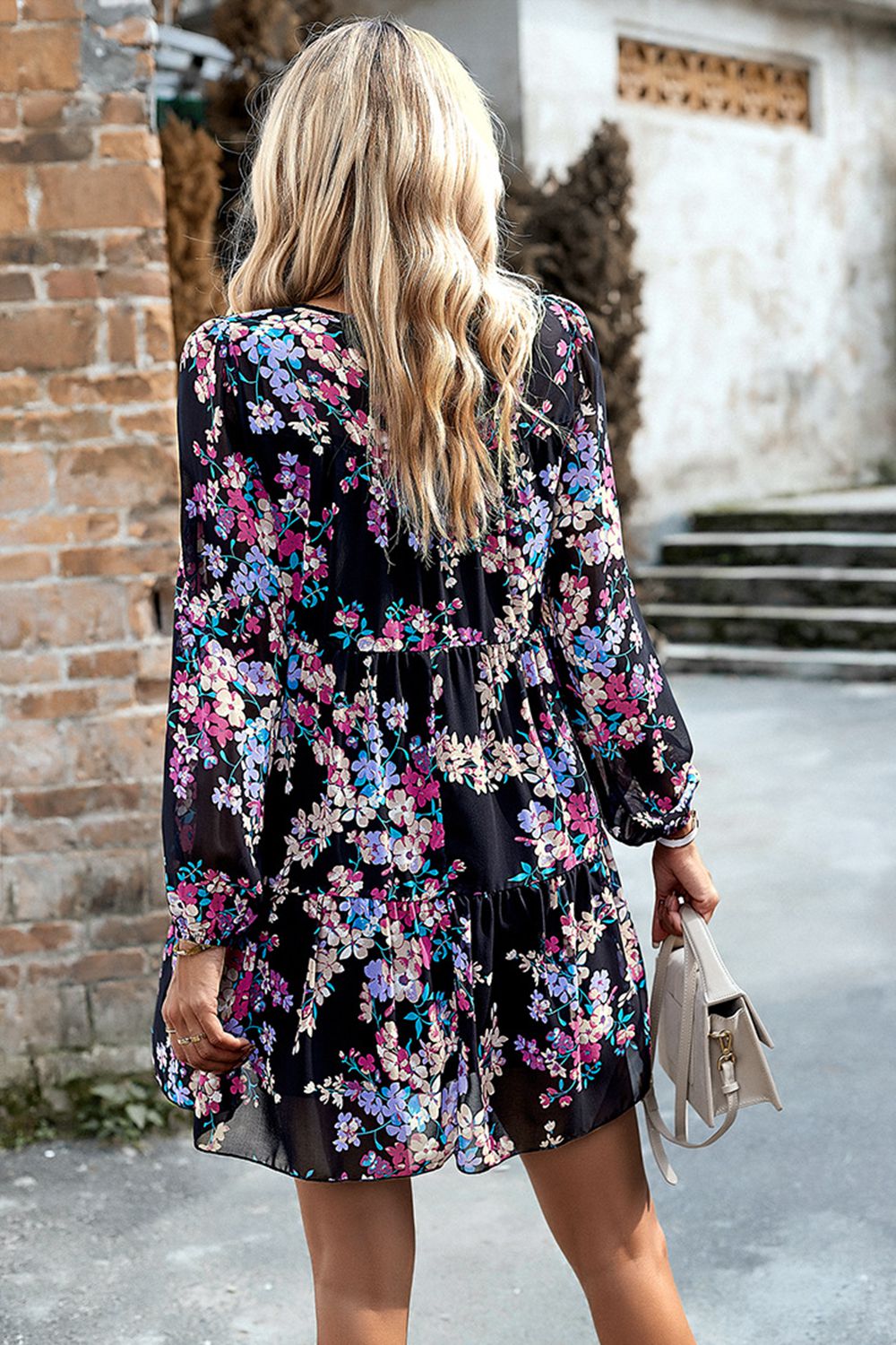 Smocked Floral Print Long Sleeve Mini Dress