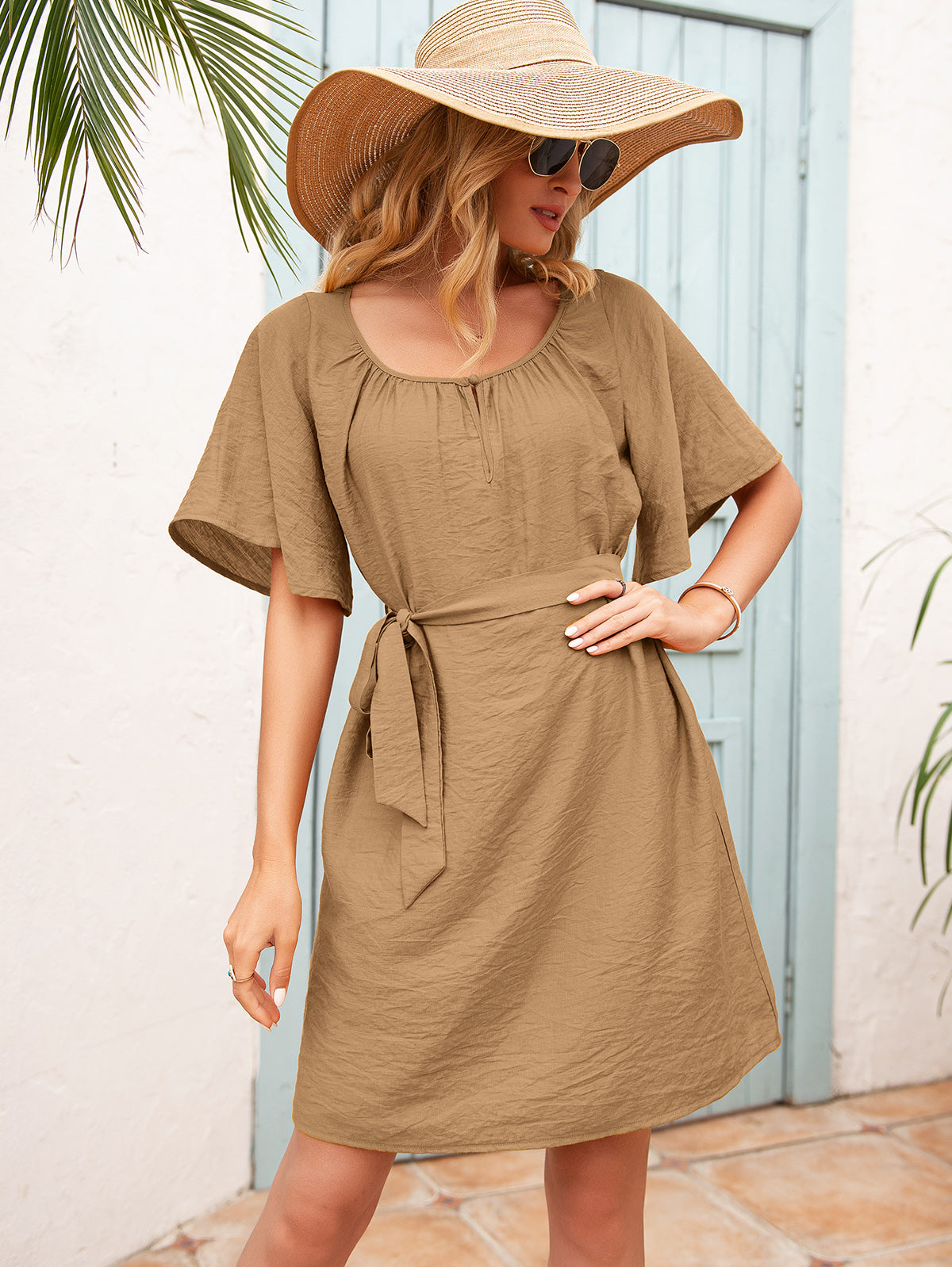 Tie Waist Flutter Sleeve Mini Dress