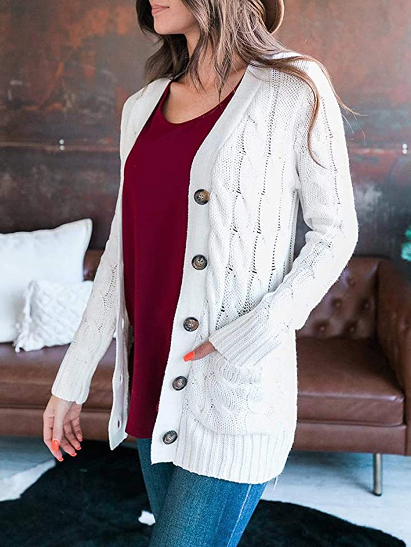 Cable-Knit Buttoned Cardigan with Pockets