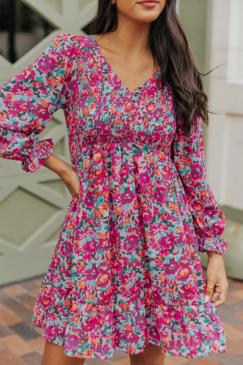 Floral Smocked V-Neck Flounce Sleeve Dress